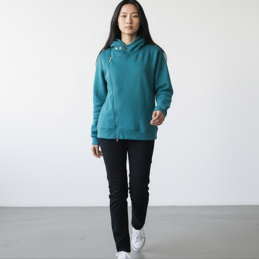 Tom's Ware Womens Teal Casual Cotton Polar‎ Hoodie Moto Sweatshirt  Zip Up SZ XL
